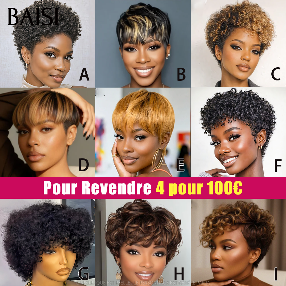 BAISI Lot 4 Perruques Pixie ABCD ou EFGH 100€ Différentes Modèles Mélangées Pour Revendre Fabriqué à la Machine en 100%  cheveux humains