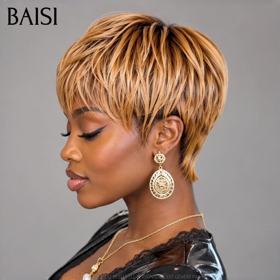 BAISI Perruque Pixie Courte Lisse 45€ Couleur Marron Doré 4#30 Sans Colle Sans Lace Excellente Qualité Pas Chèr en 100% Cheveux Humains