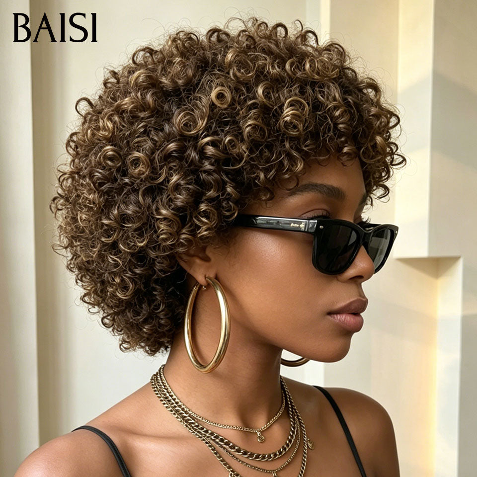 BAISI Perruque Pixie Curly Wave Couleur Marron Mixte 4/30# Sans Lace Sans Colle Facile à Porter Toute en Beauté  en 100% Cheveux humains