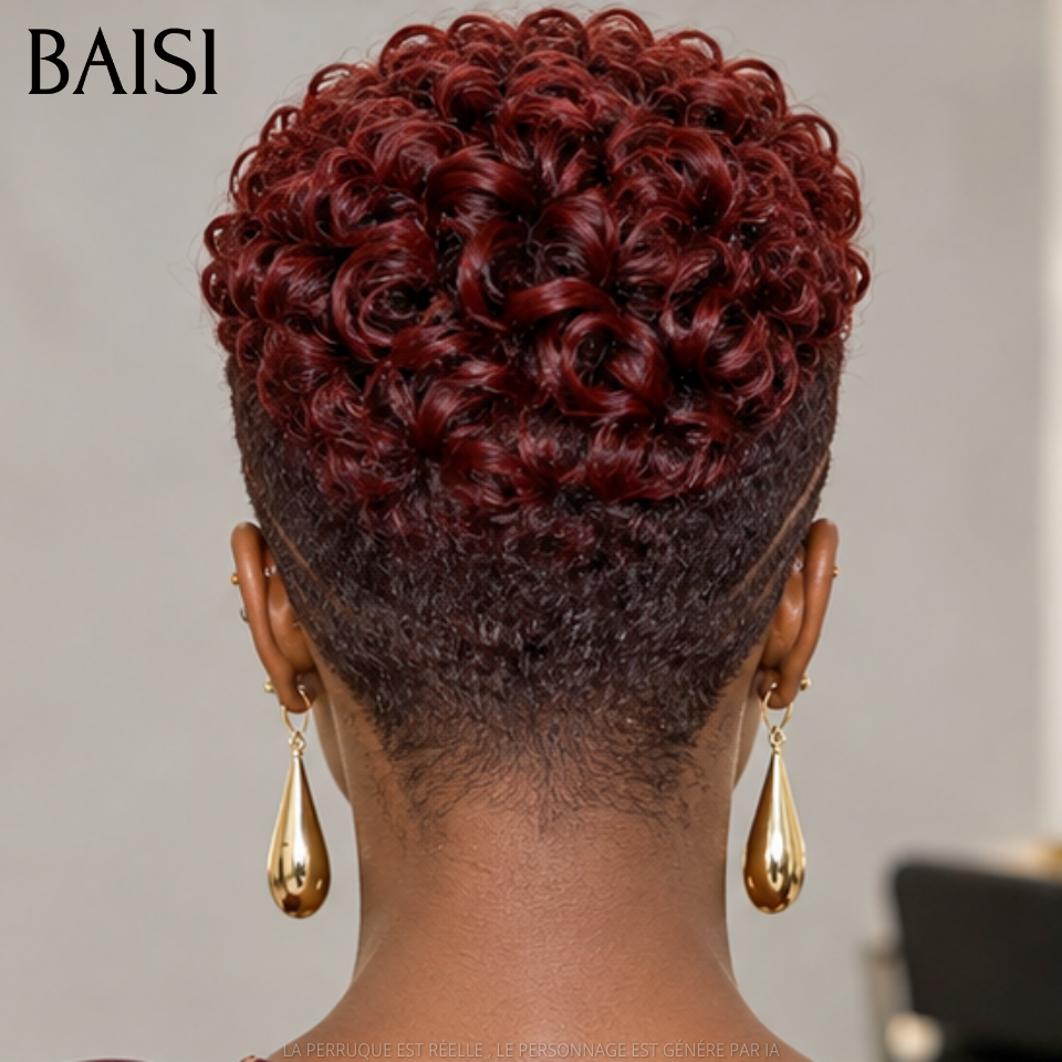 BAISI Full Lace Perruque Pixie Courte Curly 159€ Couleur Rouge Bordeaux 1B/99J# Très Moderne en 100% Cheveux Humains