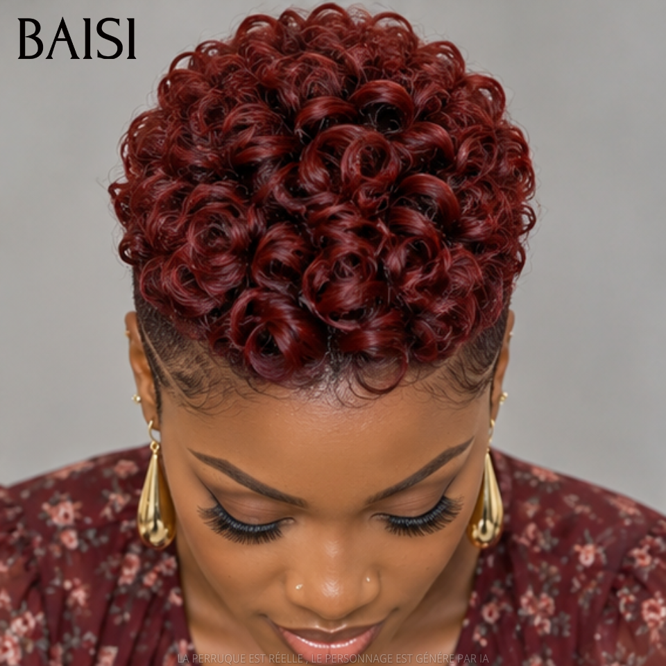 BAISI Full Lace Perruque Pixie Courte Curly 159€ Couleur Rouge Bordeaux 1B/99J# Très Moderne en 100% Cheveux Humains