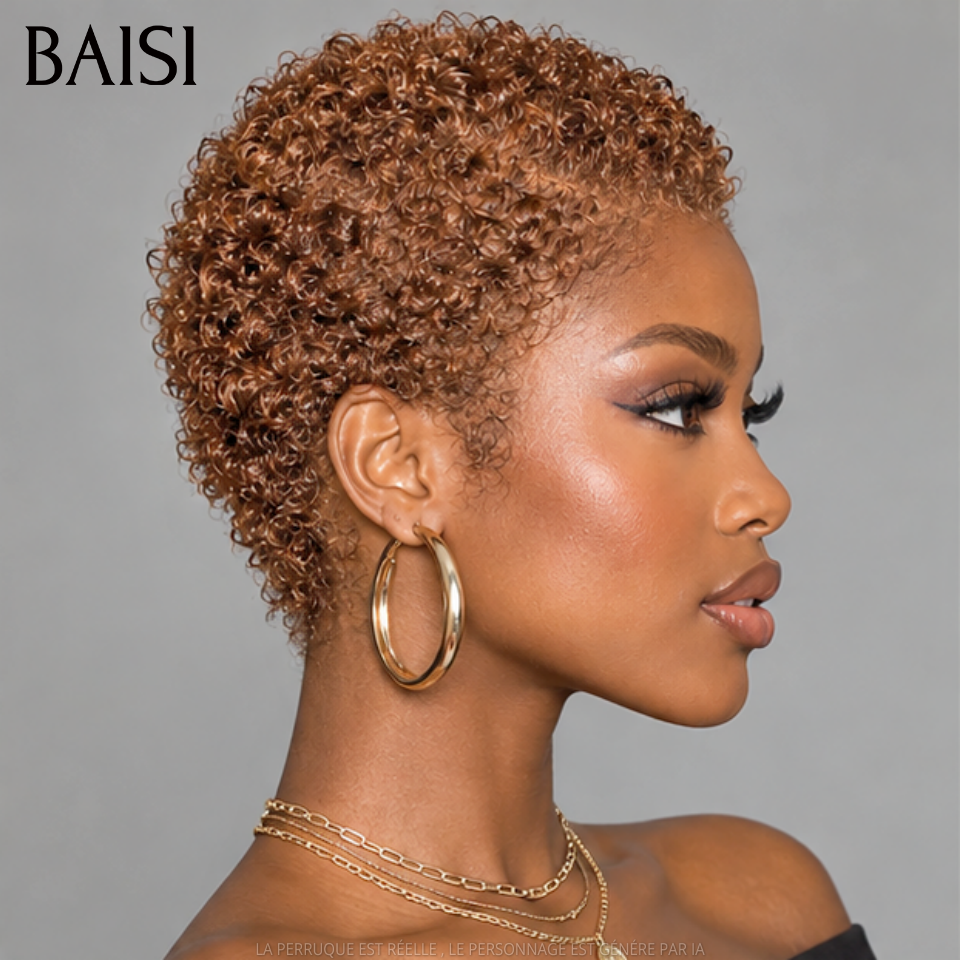 BAISI  Full Lace Perruque Pixie Courte Crépus Coiffée 138€ Couleur Marron Glacé #33 Super A la Mode et Sexy en 100% Cheveux humains