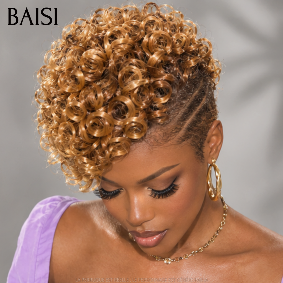 BAISI Full Lace Perruque Courte Déjà Coiffée  Curly 178€ Couleur Marron Clair 4/30# Elégante et Respirante en 100% Cheveux humains