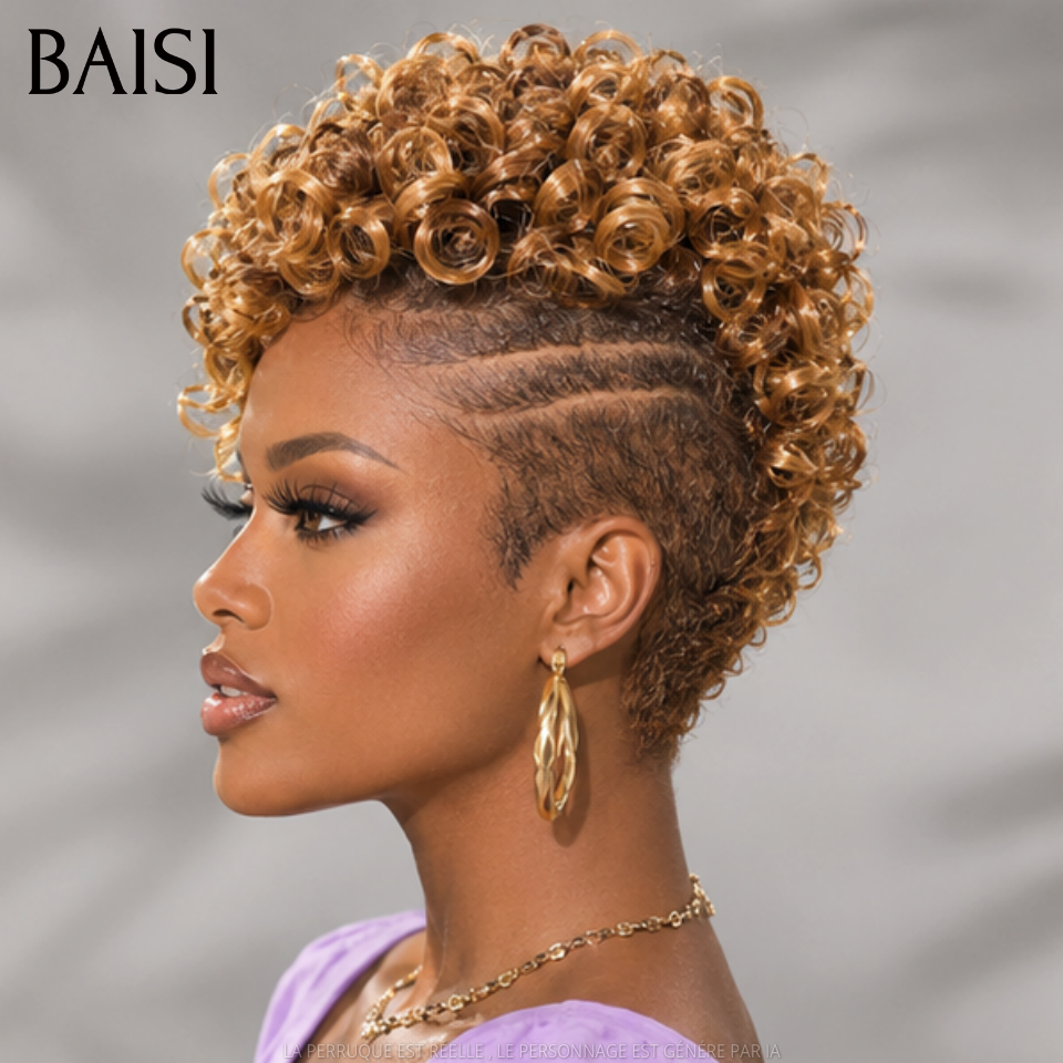 BAISI Full Lace Perruque Courte Déjà Coiffée  Curly 178€ Couleur Marron Clair 4/30# Elégante et Respirante en 100% Cheveux humains