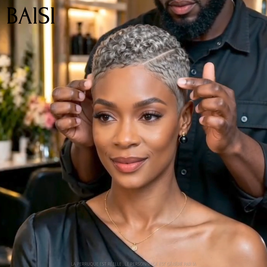 BAISI 5x5 Lace Perruque Pixie Curly Courte Sans Colle  Couleur Gris 105€ Modèle Spéciale et Facile A Porter en 100% Cheveux humains