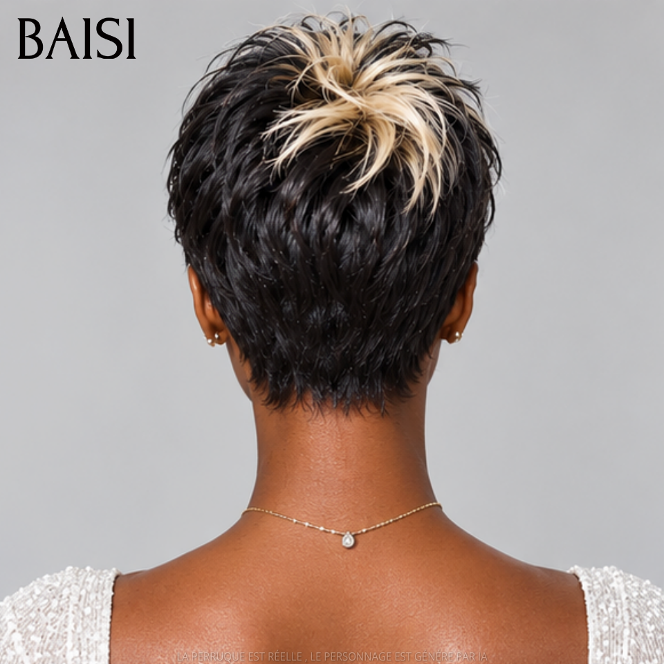BAISI PROMO MOITIE PRIX 13x4 Lace Perruque Pixie Courte Toute Coiffée Couleur Noir et Blonde 1B/613# Nouvelle Tendance Très A la Mode  en 100% Cheveux humains MP50
