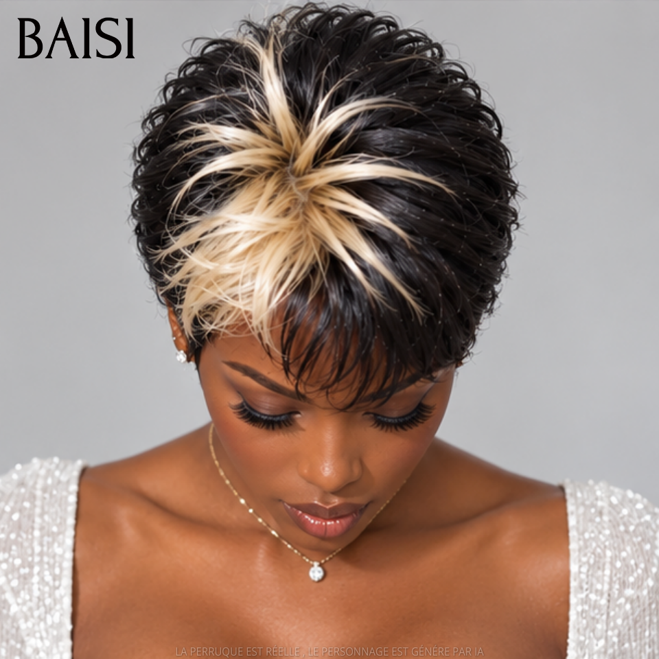 BAISI PROMO MOITIE PRIX 13x4 Lace Perruque Pixie Courte Toute Coiffée Couleur Noir et Blonde 1B/613# Nouvelle Tendance Très A la Mode  en 100% Cheveux humains MP50