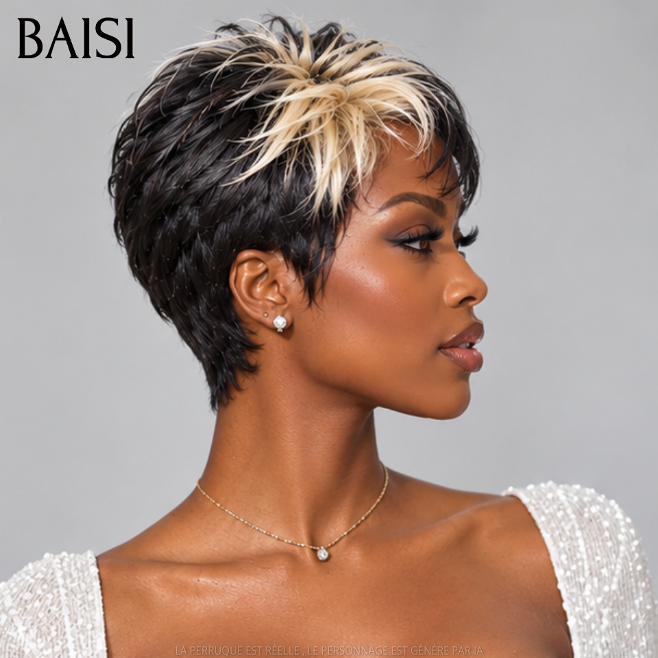 BAISI PROMO MOITIE PRIX 13x4 Lace Perruque Pixie Courte Toute Coiffée Couleur Noir et Blonde 1B/613# Nouvelle Tendance Très A la Mode  en 100% Cheveux humains MP50