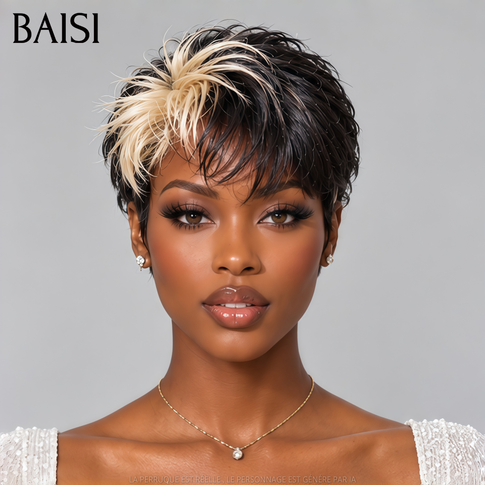 BAISI PROMO MOITIE PRIX 13x4 Lace Perruque Pixie Courte Toute Coiffée Couleur Noir et Blonde 1B/613# Nouvelle Tendance Très A la Mode  en 100% Cheveux humains MP50