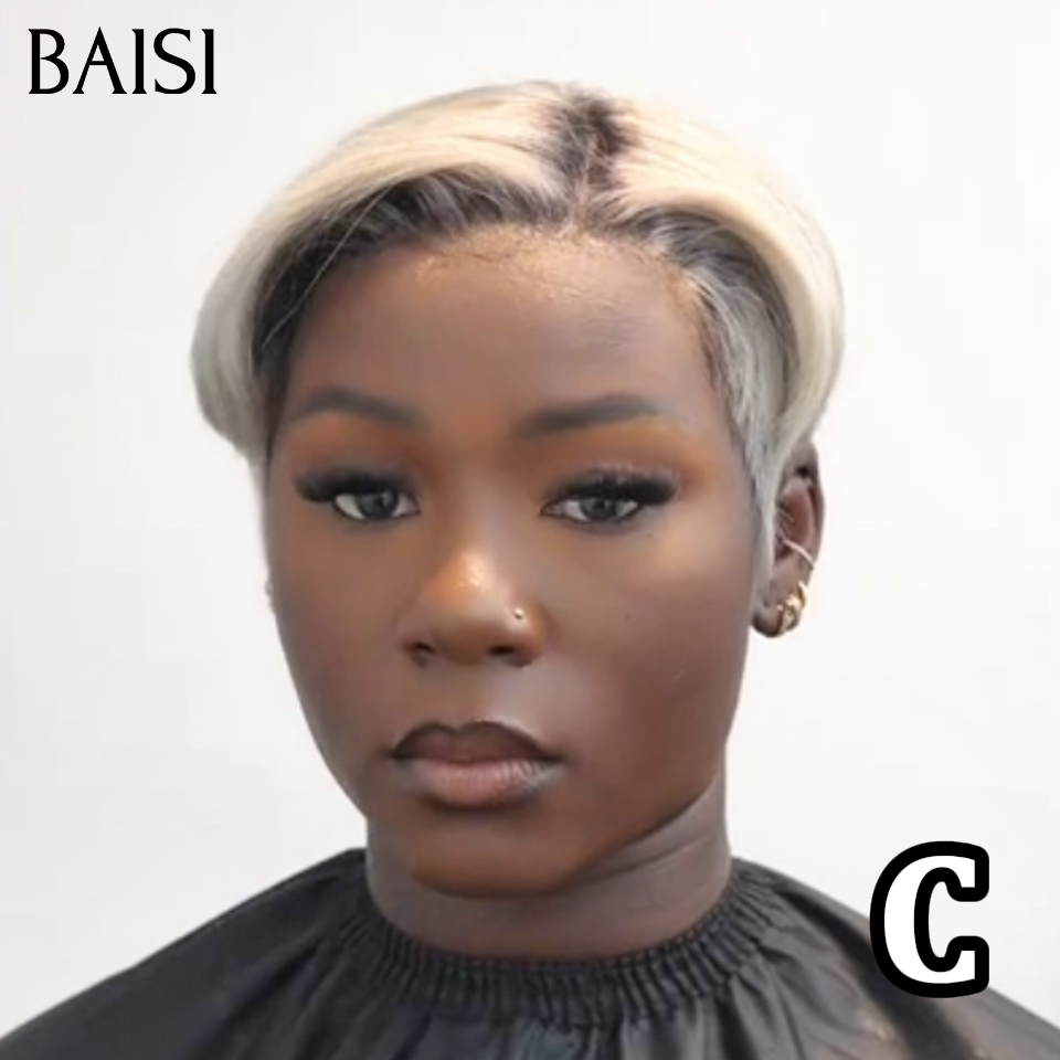 BAISI 13x4 Lace Perruque Coiffée Pixie Courte Deja Prête A Porter 109€ Couleur Blanc Crème 1B#60 Racine Noir Look Original en 100% cheveux humains