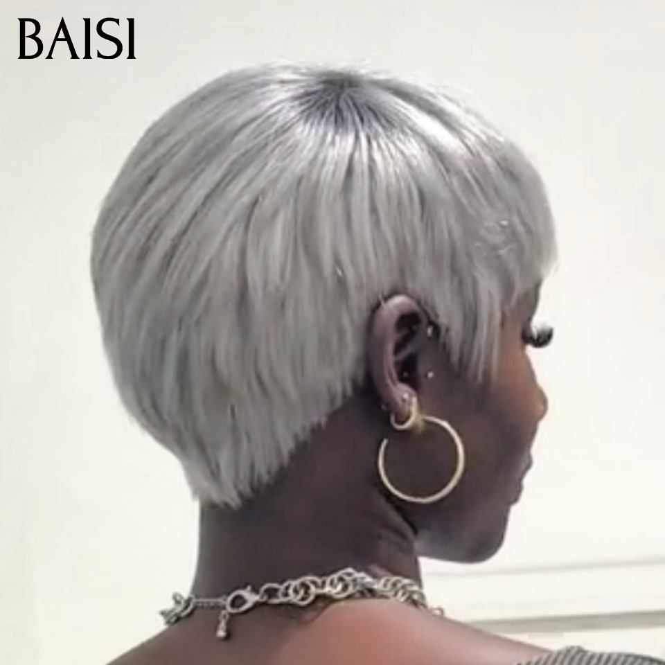 BAISI 13x4 Lace Perruque Pixie Courte Grise Lisse 99€ Pratique et Confort Ou  Perruque Lisse DE luxe Bob 2x6 Lace 100% Vietnam Hair en Couleurs personnalisées SDD BONE STRAIGHT 10 Pouces 100€ En 100% Vrais Cheveux Humains