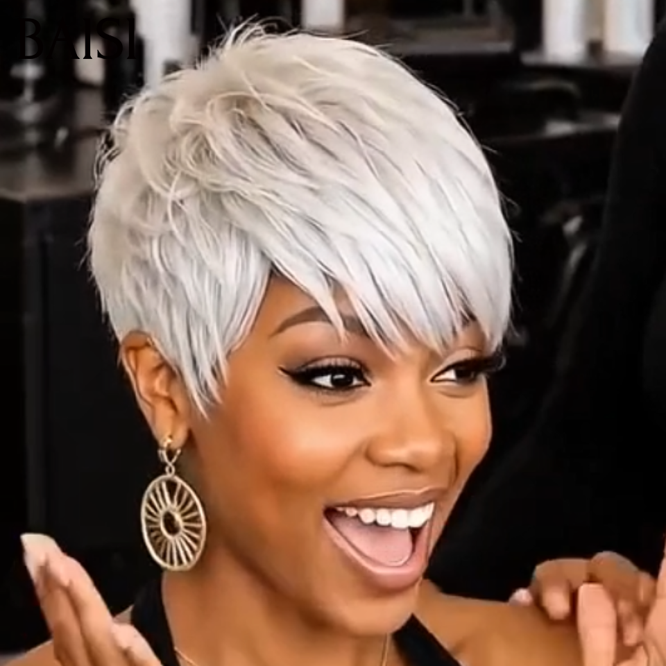 BAISI Perruque Pixie Courte Grise Sans Lace 69€ ou 13x4 Lace Frontal 99€ Très A la Mode en 100% Cheveux humains