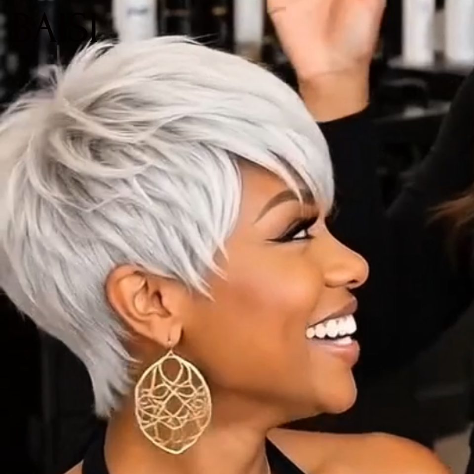 BAISI Perruque Pixie Courte Grise Sans Lace 69€ ou 13x4 Lace Frontal 99€ Très A la Mode en 100% Cheveux humains