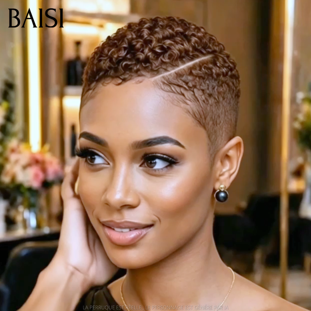 BAISI Full Lace Perruque Pixie Courte Afro Déjà Coiffée Couleur Marron 4# 135€ Naturellement élégante en 100% Cheveux humains