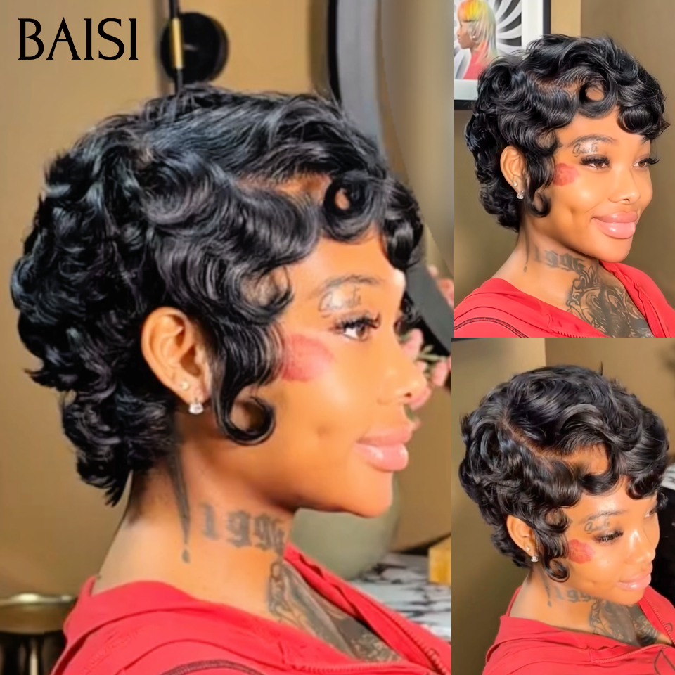 BAISI  13X4 lace Perruque Pixie Vague Elégante 6 Pouces Curly wave Noir 55€ Seulement en 100% Cheveux Humains