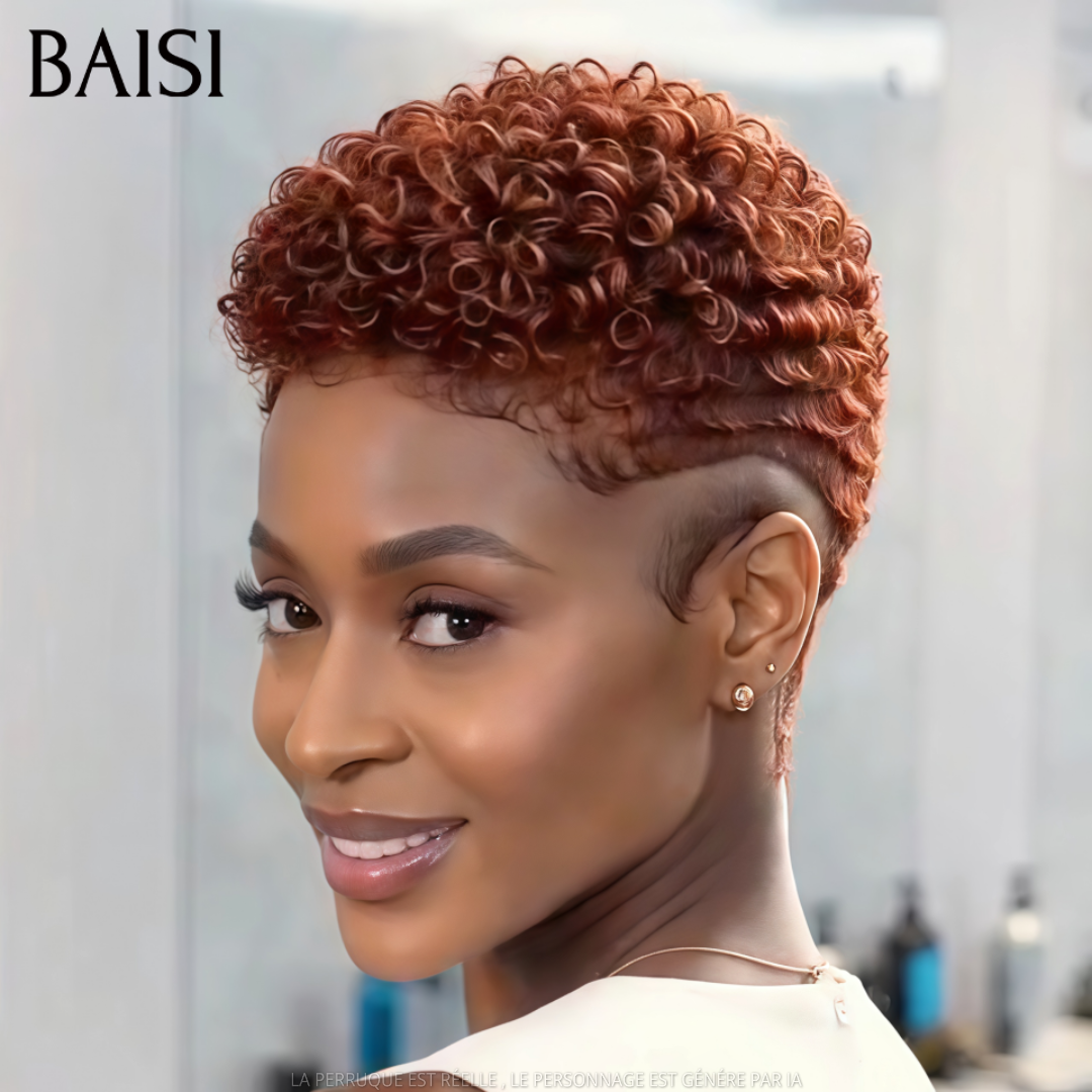 BAISI Perruque Pixie Courte Curly Déjà Coiffée En Full Lace ou Sans Colle Sans Lace Couleur Orange Gingembre #350 Super Stylé en 100% Cheveux humains