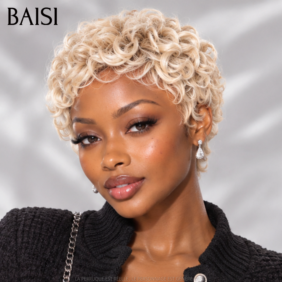 BAISI  Perruque Pixie Sans Lace 65€ En Boucle D'Or Couleur Blonde #613 Fabriqué à la Machine en 100% Cheveux humains