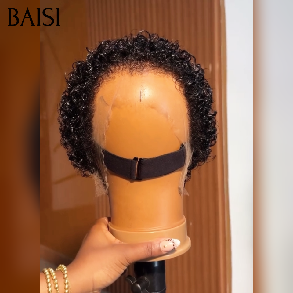 BAISI Perruque Pixie Curly Noir Lace Frontal 13x4 ou Full Lace Ou Perruque Pixie Afro sans lace sans colle différente Couleur en 100% cheveux humains