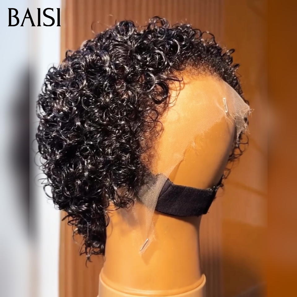 BAISI Perruque Pixie Curly Noir Lace Frontal 13x4 ou Full Lace Ou Perruque Pixie Afro sans lace sans colle différente Couleur en 100% cheveux humains