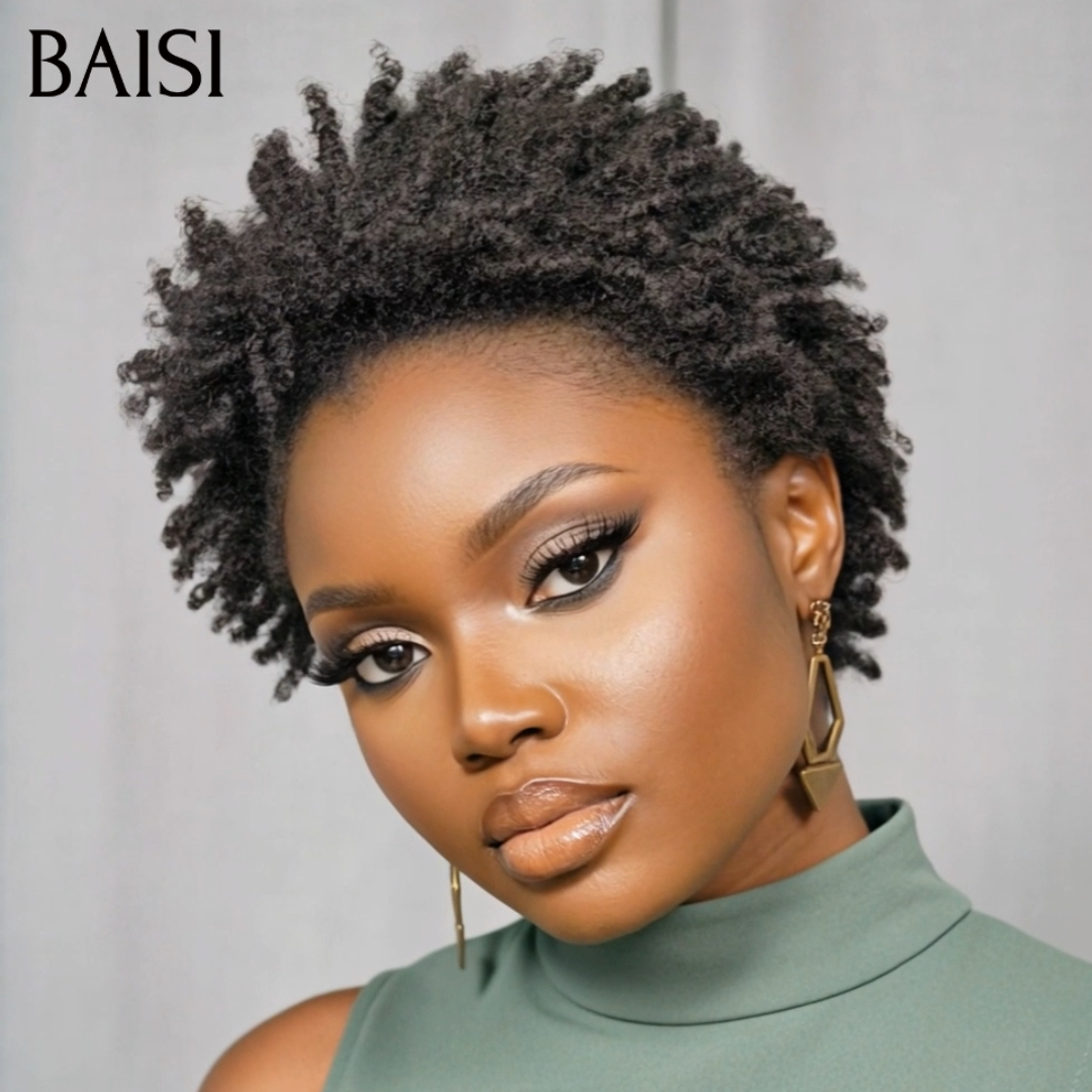 BAISI 13x4 lace Perruque Pixie Afro Curl 78€ en couleur Noir Magnifique Boucle en 100% Cheveux Humains