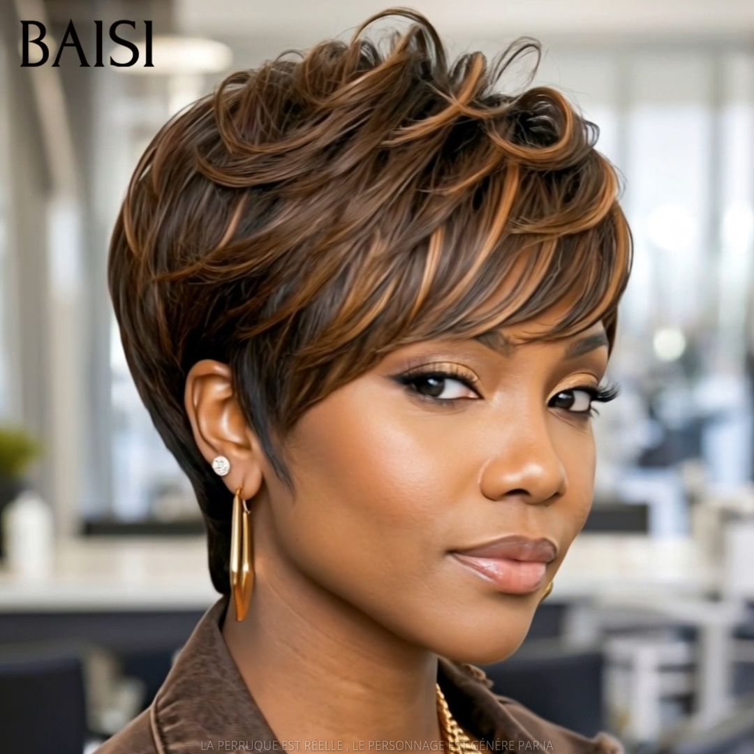 BAISI Perruque Pixie Courte Lisse Marron Miel 4/27# 62€ Sans Colle Sans Lace Couleurs Rayonnantes en 100% Cheveux humains