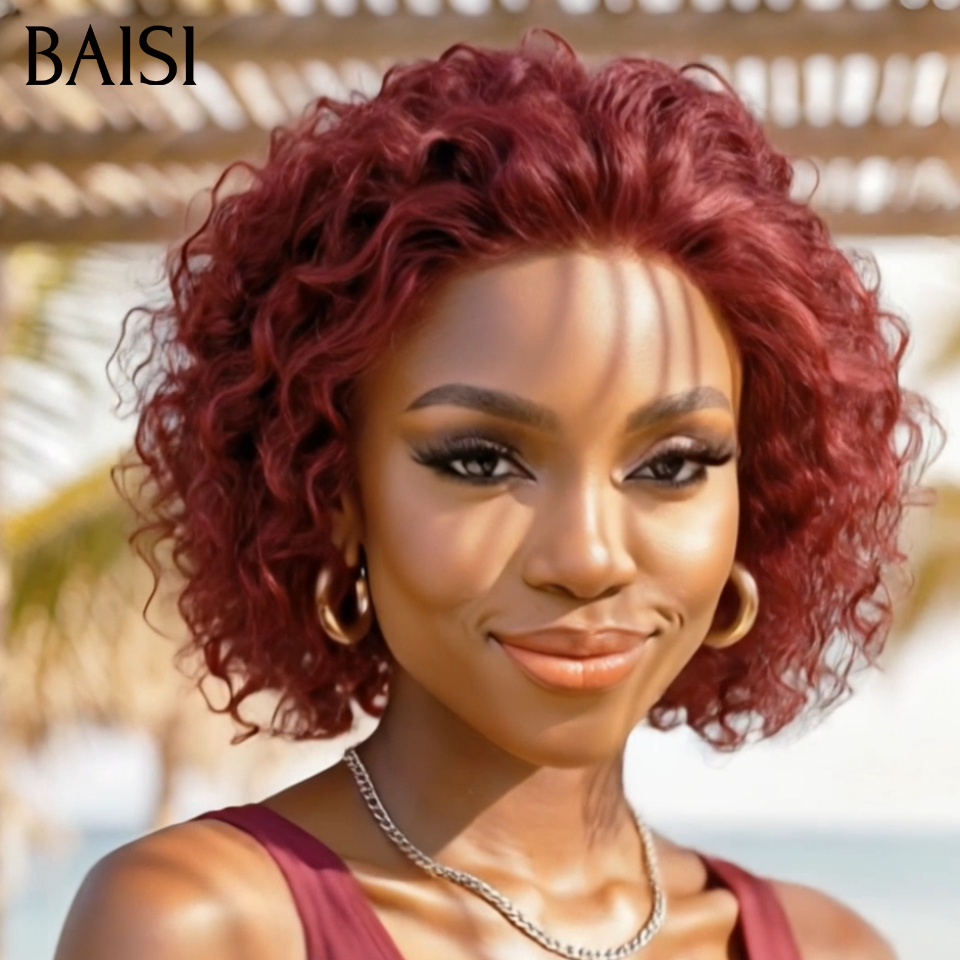 BAISI Perruque Pixie Wave Déjà Coiffée 55€ Couleur Rouge Bordeaux 99J# Sans Colle Sans Lace  Indispensable Pour les Vacances en 100% Cheveux humains