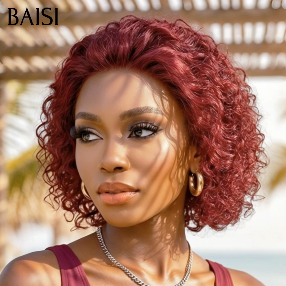 BAISI Perruque Pixie Wave Déjà Coiffée 55€ Couleur Rouge Bordeaux 99J# Indispensable Pour les Vacances en 100% Cheveux humains
