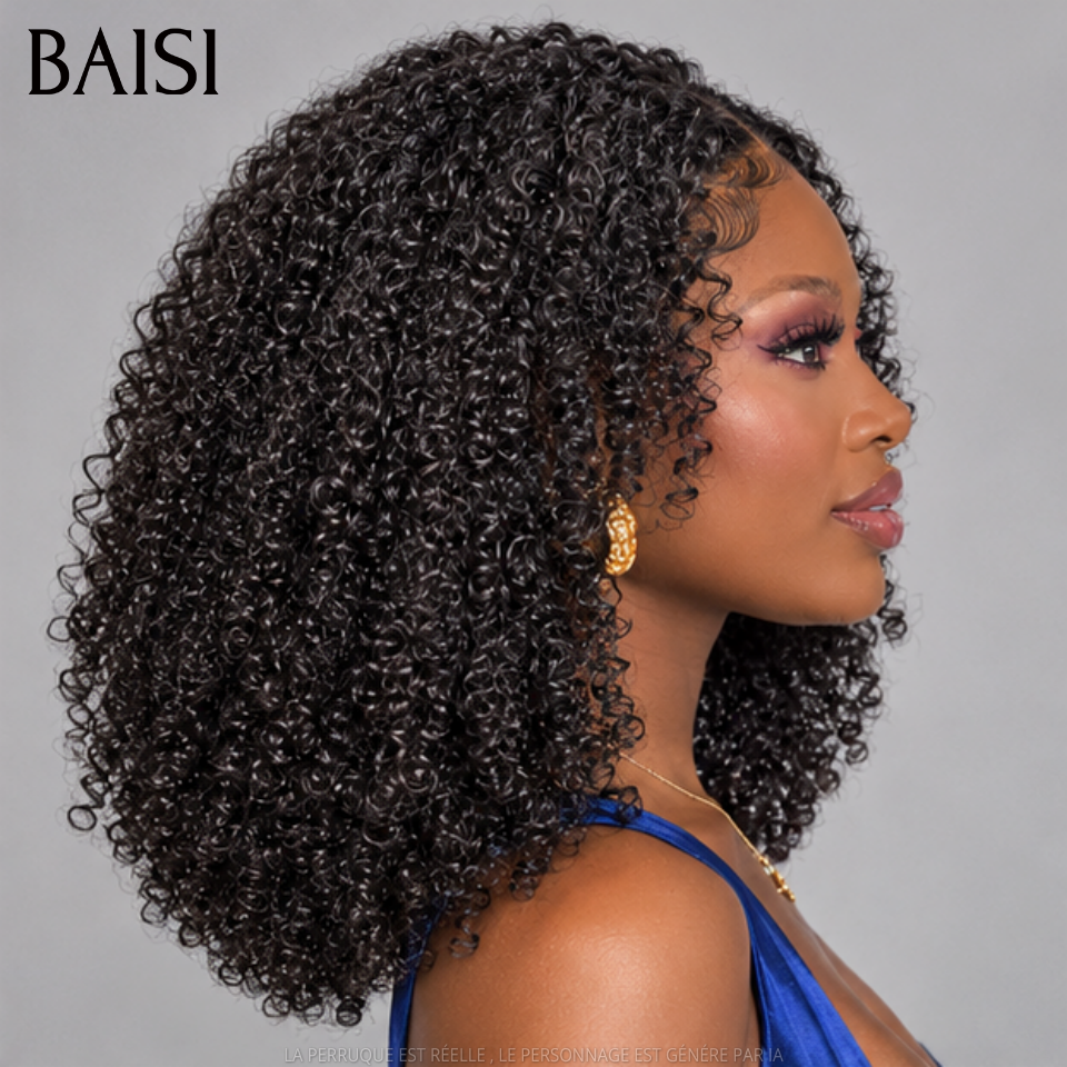 BAISI Grande SOLDES Perruque Closure 4x4 Naturelle Curly 12 Pouce 300% Densité Sans Colle Lace déjà couper Facile à Porter en 100% Vrais Cheveux Humains
