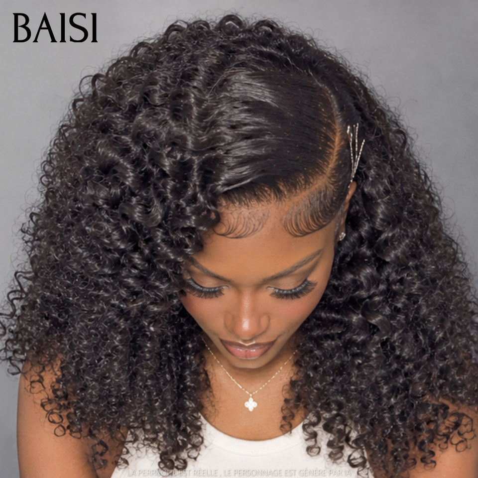 BAISI 13x4 Lace Perruque Curly Wave 18Pouces 155€ Couleur Noir 1B# Boucle Rebondissante Qualité Au Rendez-Vous en 100% Cheveux humains