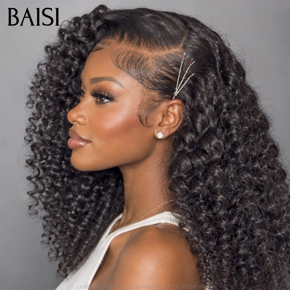 BAISI 13x4 Lace Perruque Curly Wave 18Pouces 155€ Couleur Noir 1B# Boucle Rebondissante Qualité Au Rendez-Vous en 100% Cheveux humains