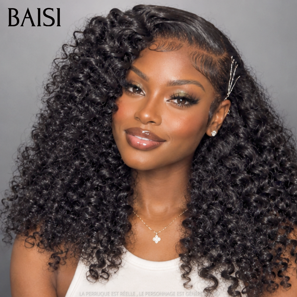BAISI 13x4 Lace Perruque Curly Wave 18Pouces 155€ Couleur Noir 1B# Boucle Rebondissante Qualité Au Rendez-Vous en 100% Cheveux humains