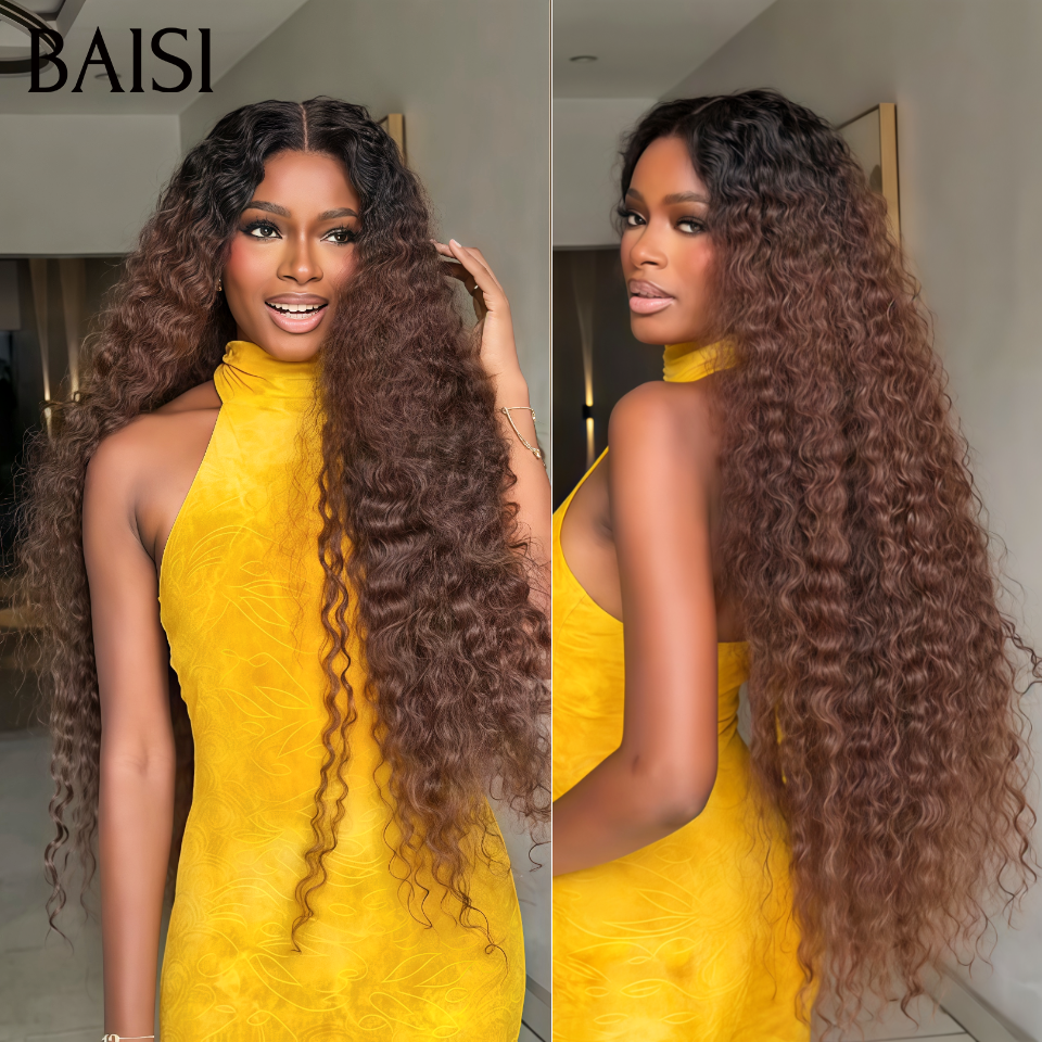 BAISI 13x4 Lace PERRUQUE LONGUE Curly Wave Marron et Noir 1B/4# Commande PERSONNALISÉE 250% DENSITÉ 40 POUCES en 100% Cheveux Humains