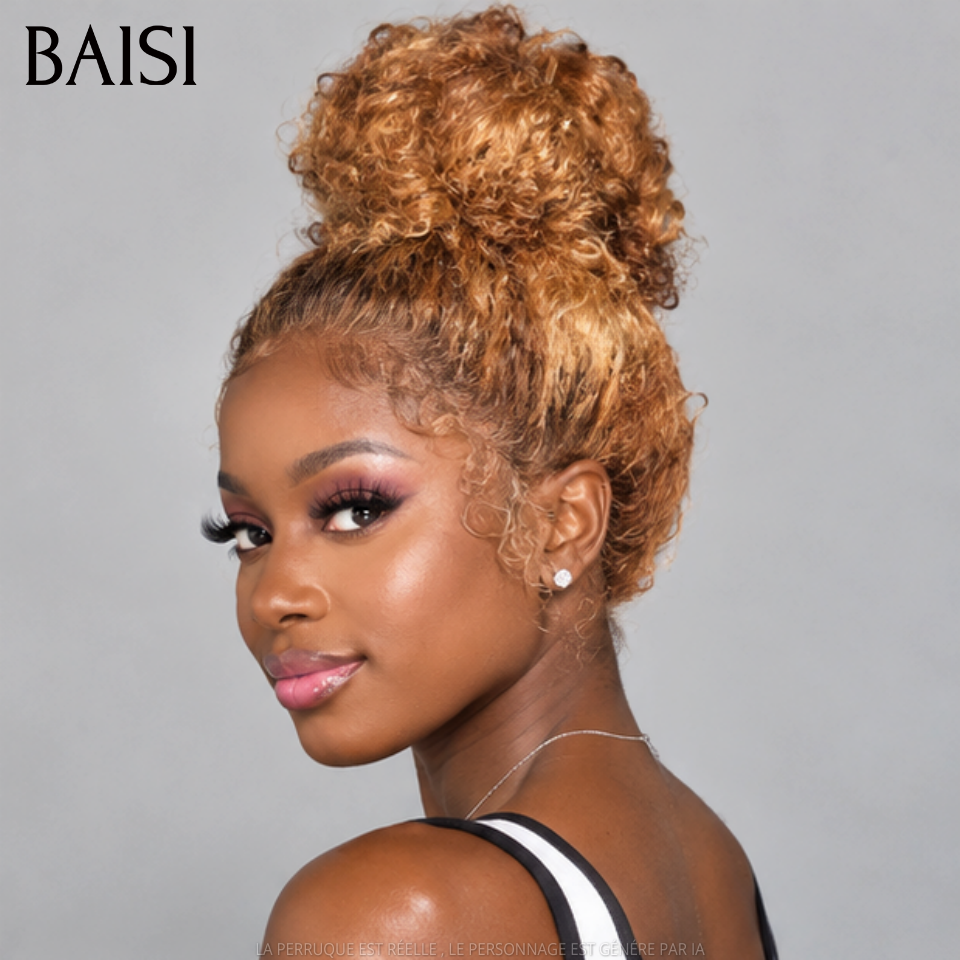 BAISI  perruque Upgrade Invisible Strap 360 Frontal curly wave en Couleur Miel #4/#27 18 Pouces Lace frontale 360 invisible et réglable   Pré-plucked Pas Besoin de Colle 250% densité en 100% Raw Hair Lace déjà couper