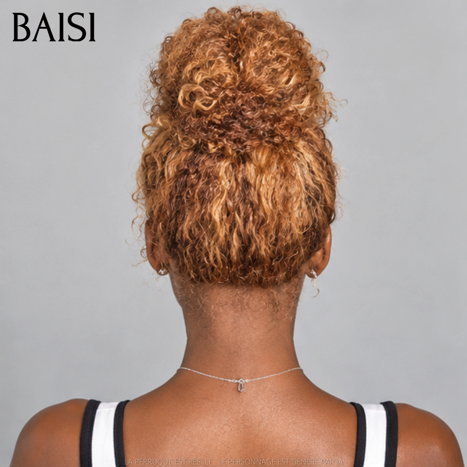 BAISI  perruque Upgrade Invisible Strap 360 Frontal curly wave en Couleur Miel #4/#27 18 Pouces Lace frontale 360 invisible et réglable   Pré-plucked Pas Besoin de Colle 250% densité en 100% Raw Hair Lace déjà couper