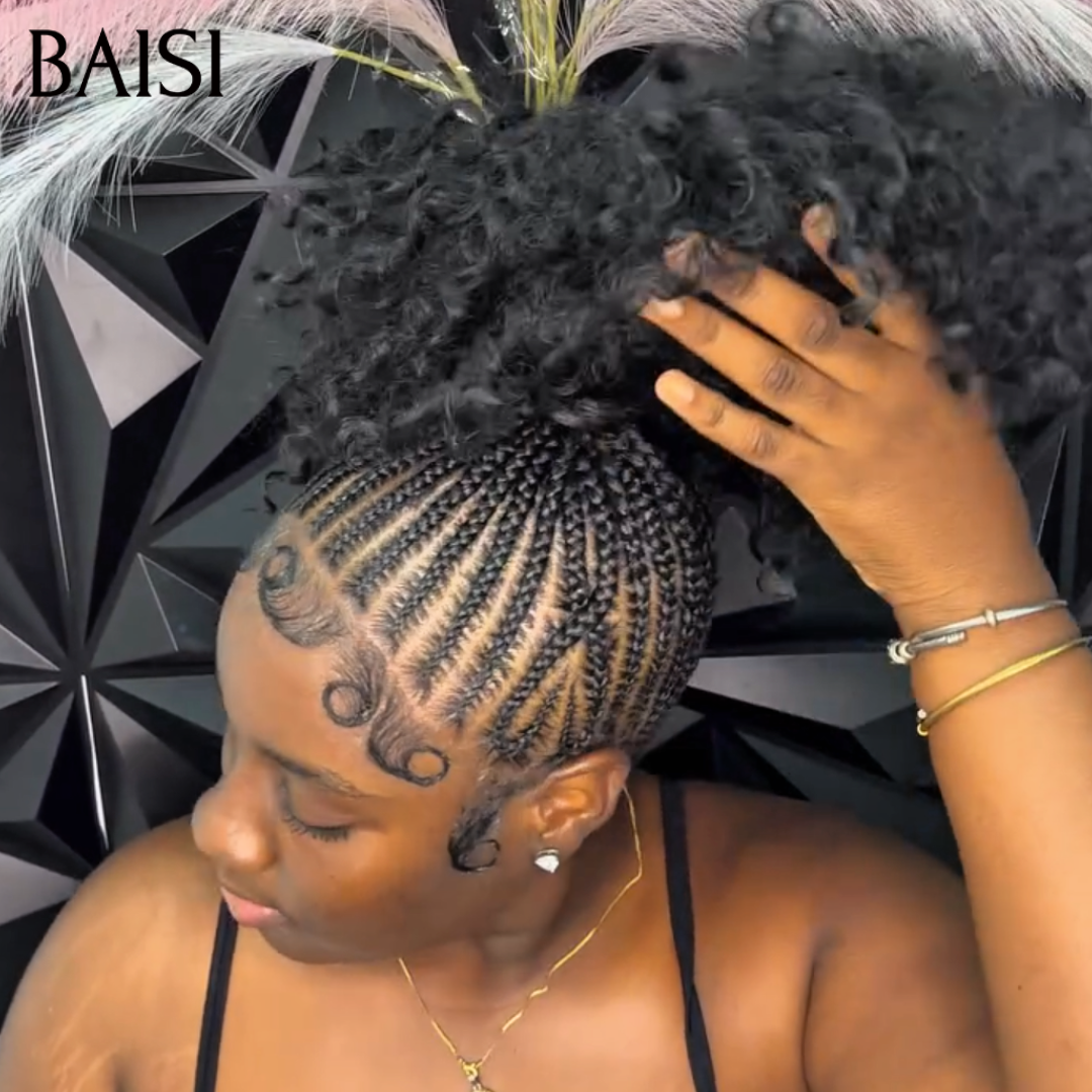 BAISI Full Lace Perruque Curly Déjà Coiffée Couleur Noir 169€ Devanture En Nattes Romantiques Dentelle Respirante Pour l'Eté en 100% Cheveux humains