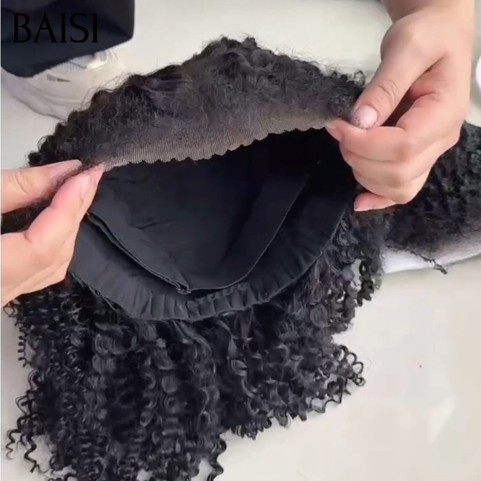 BAISI 13x4 Lace Perruque Bob 4C Hairline Sans Colle Curly Wave Effet Naturel Taille 8-14Pouces Couleur Noir 1B# Prête A Porter Pratique Au Quotidien en 100% Cheveux humains