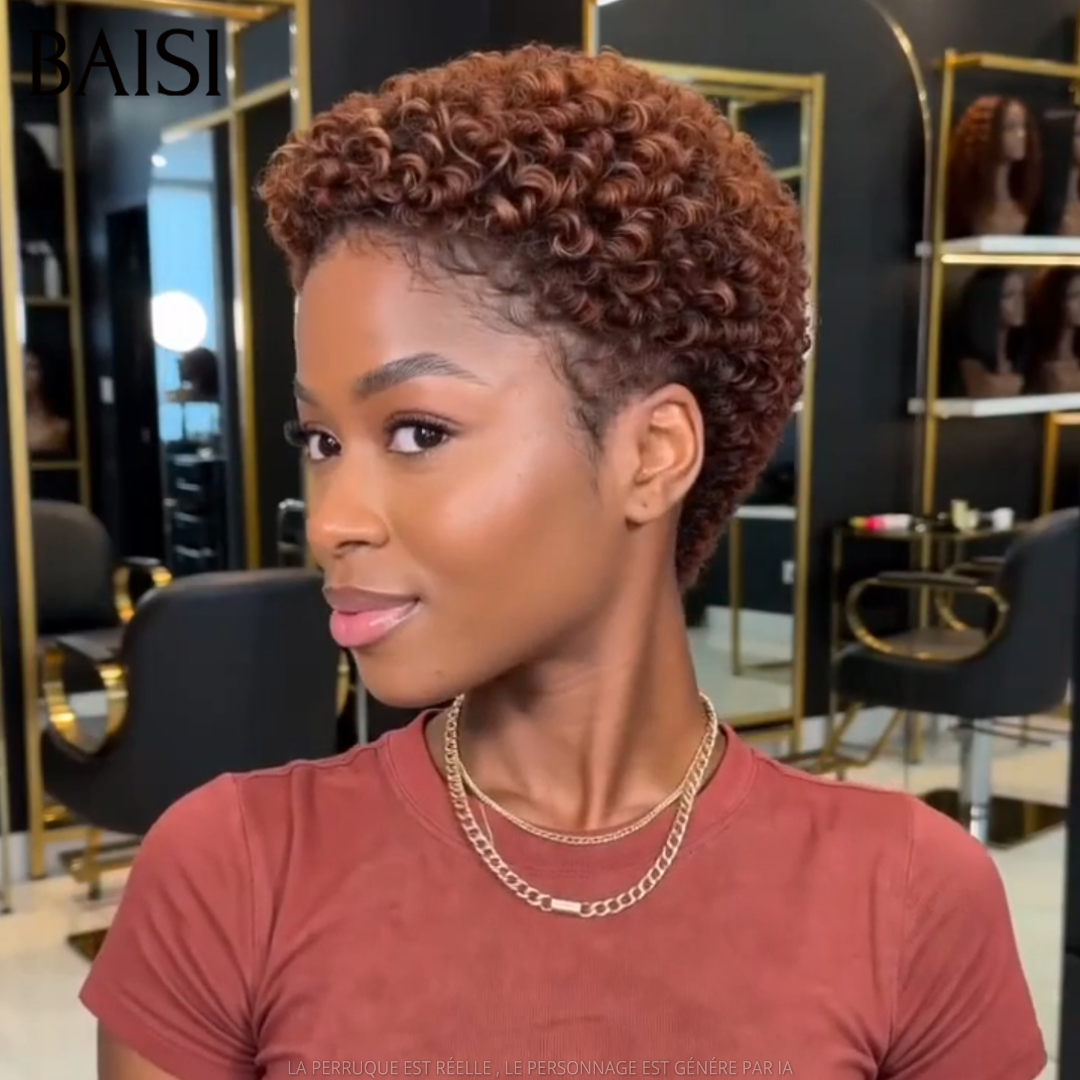 BAISI Perruque Pixie Bouclée Marron Clair 30# 49€ Sans Colle Sans Lace Pour Débutantes en 100% Cheveux humains