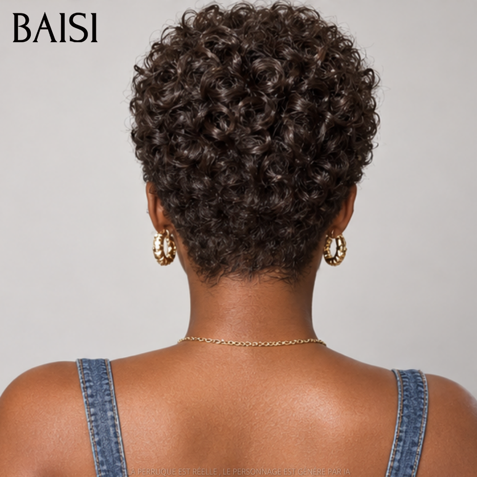 BAISI Perruque pixie curly wave OFFRE FLASH 68€ NOIR Fabriqué à la Machine Promotion en 100% Cheveux Humains 