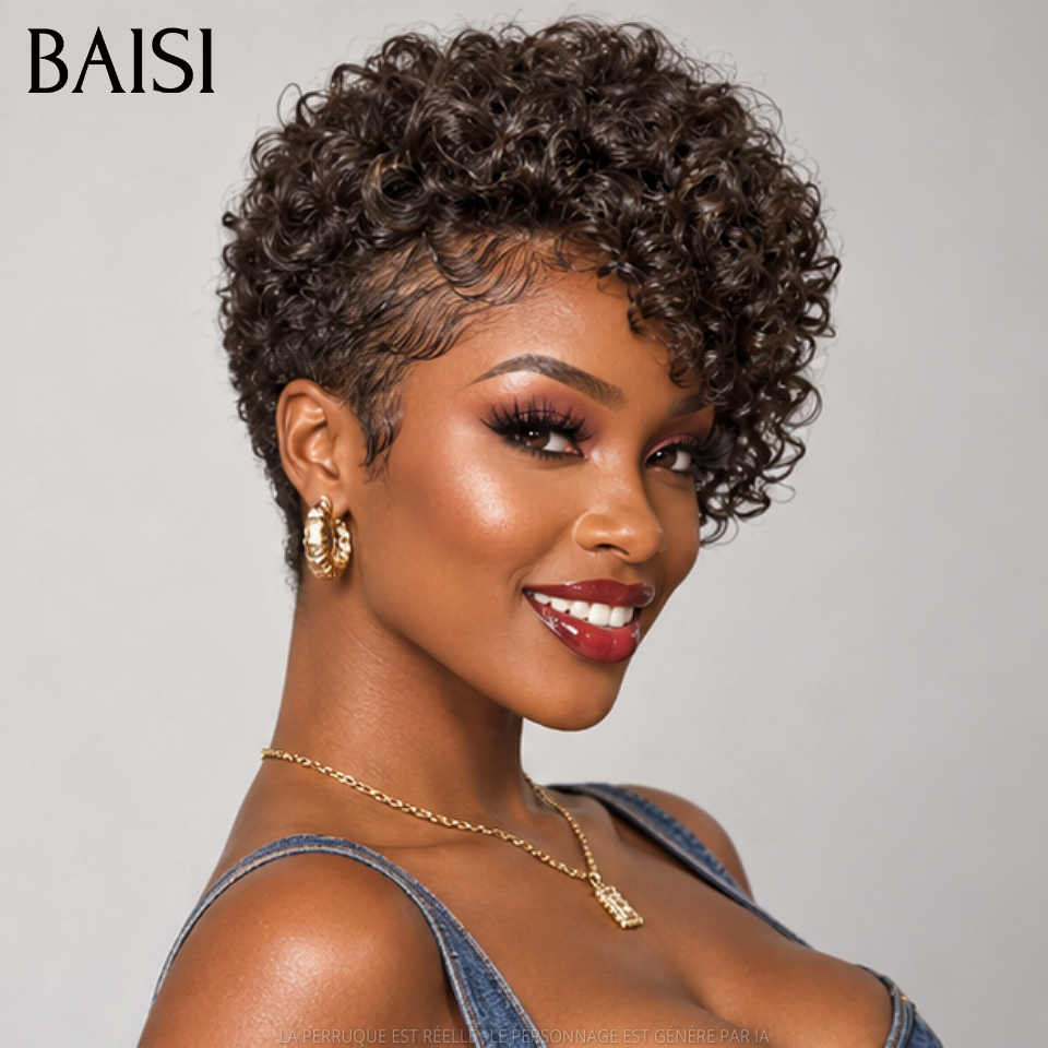 BAISI Perruque pixie curly wave OFFRE FLASH 68€ NOIR Fabriqué à la Machine Promotion en 100% Cheveux Humains 