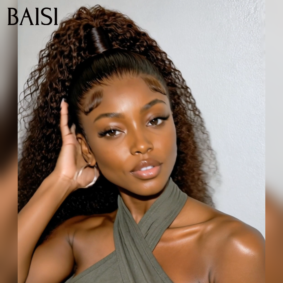 BAISI 13x4 lace Perruque Coiffée Curly wave Bouclée Couleur Noir et Marron 1B/4# Maginifique Coiffure en 100% Cheveux Humains