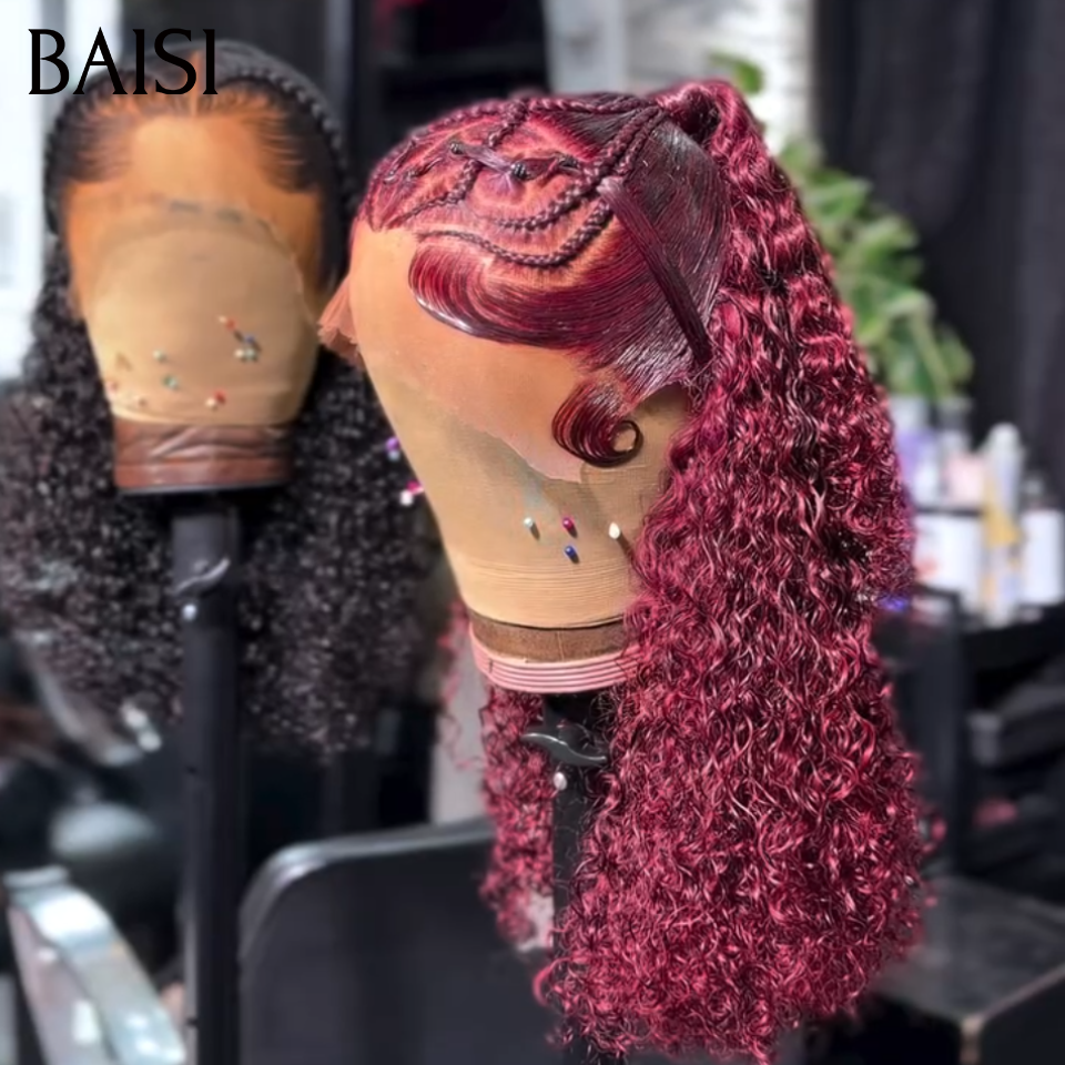 BAISI 13x4 Lace Perruque Coiffée Bouclée Curly En Nattes Rampantes Couleur Noir 1B# ou Rouge Bordeaux 99J# Deja Prête A Porter en 100% Cheveux humains