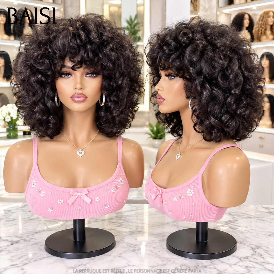 BAISI Perruques bouclé egg Wave avec Frange  300% densité lace Fabriqué à la Machine en 100% Cheveux Humains