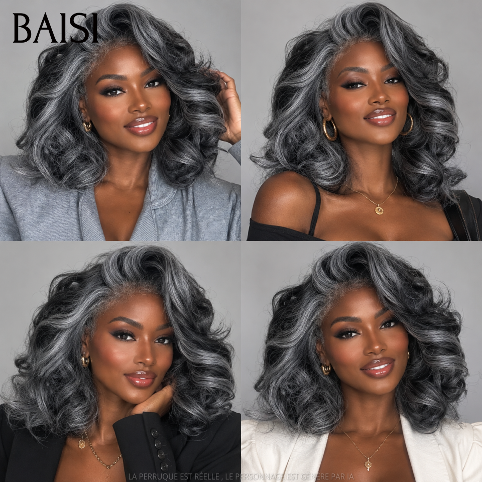 BAISI Collection Poivre et Sel 13X4 Perruques de Luxe Haute Qualité kinky mixte gris 4C 12 pouce 250% densité  plus de 20 ans d' utilisations