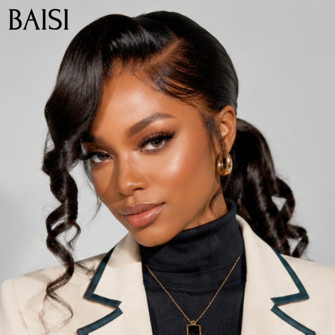 BAISI 13x4 Lace Perruque Déjà Coiffée Boucle Egg Wave Couleur Noir 20pouces 266€ 100% Vietnam Hair Meilleure Qualité en 100% Cheveux humains
