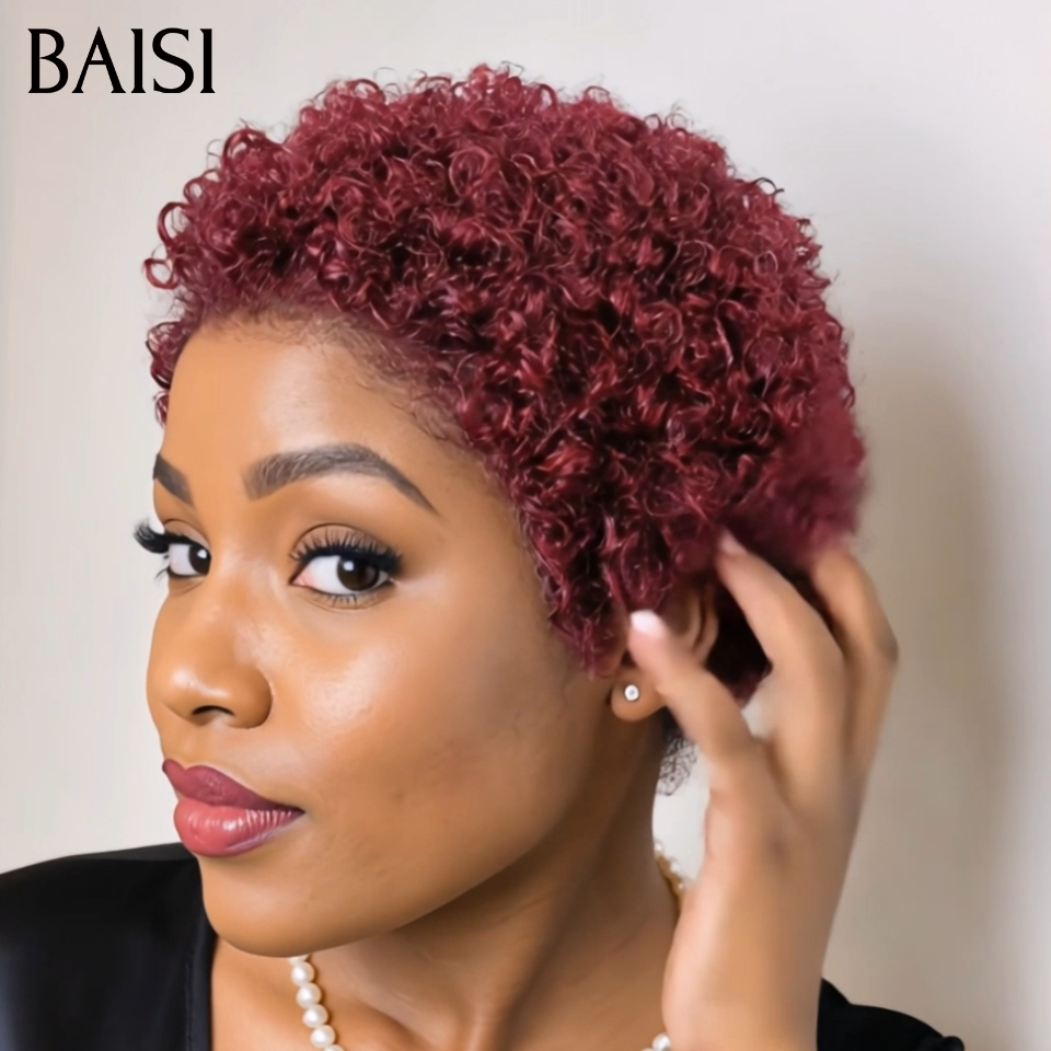 BAISI Pixie Afro Curl Rouge Bordeaux 99J# Prix Cassé 45€ Modèle Sans Colle Sans Lace Facile à Porter En 100% Cheveux Humains