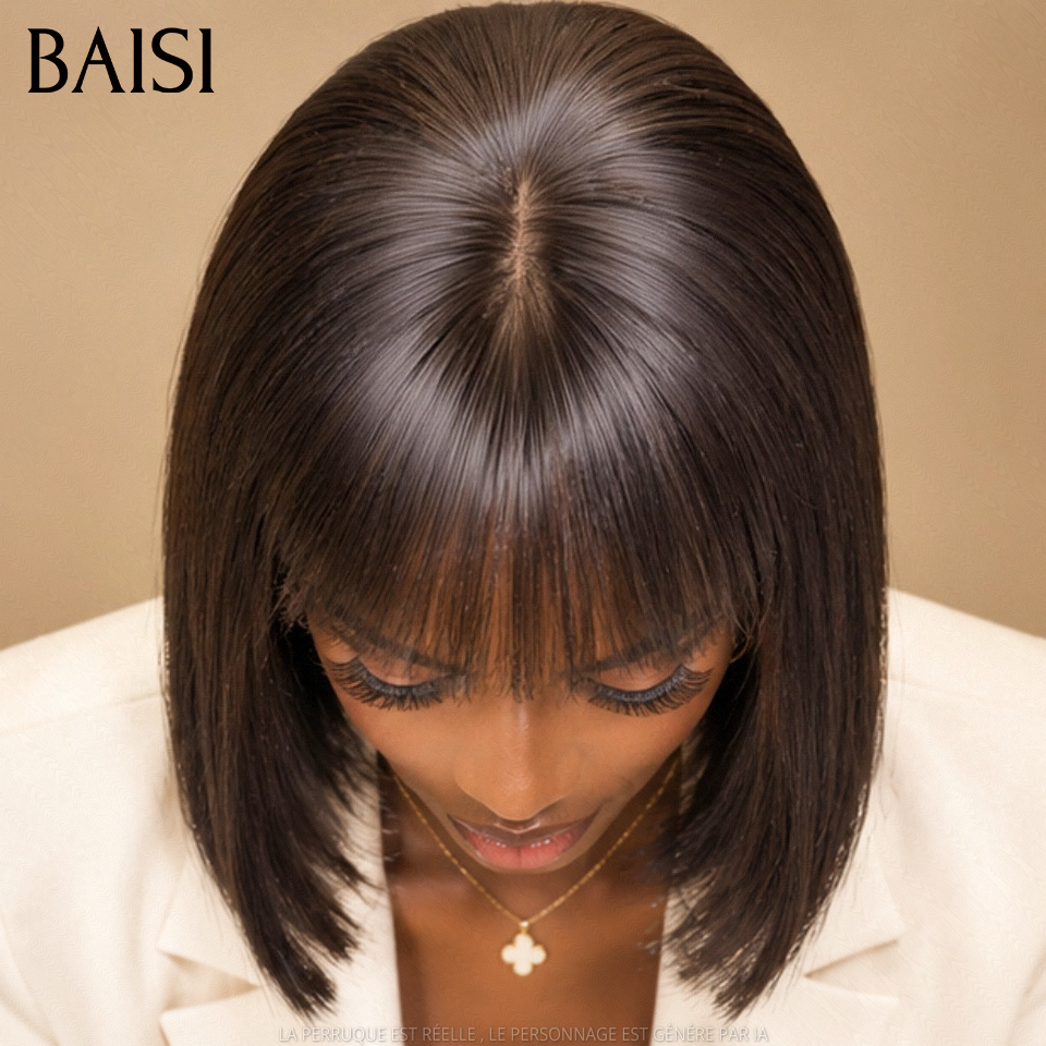 BAISI BLACK FRIDAY PROMO 8 pouce 81€ 15A SDD BONE STRAIGHT Lisse bob sans lace avec frange Perruques de Luxe  100% Cheveux Humains