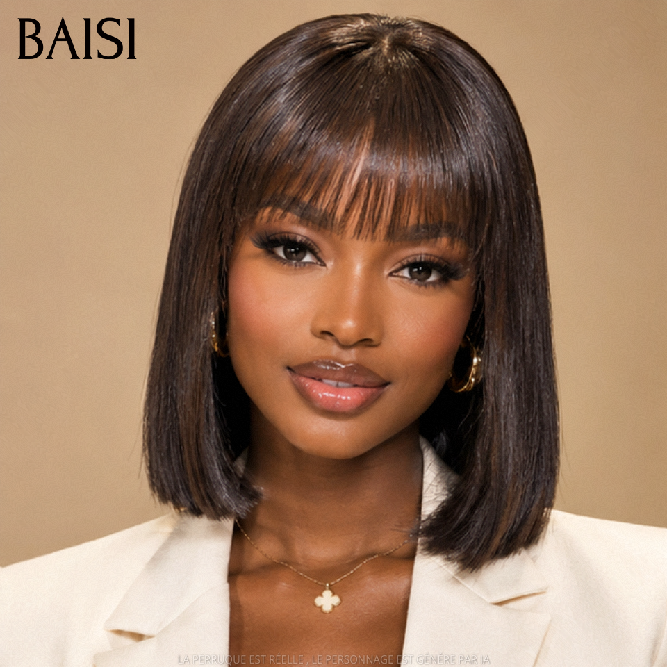 BAISI BLACK FRIDAY PROMO 8 pouce 81€ 15A SDD BONE STRAIGHT Lisse bob sans lace avec frange Perruques de Luxe  100% Cheveux Humains
