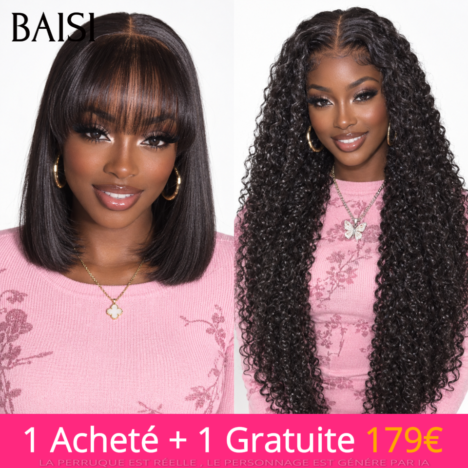 BAISI HAIR FR Perruque 1 Acheté + 1 Gratuite = 179€ 2x4 lisse bob avec frange et 13x4 curly wave 22 pouces Vente En Gros 100% Cheveux Humains