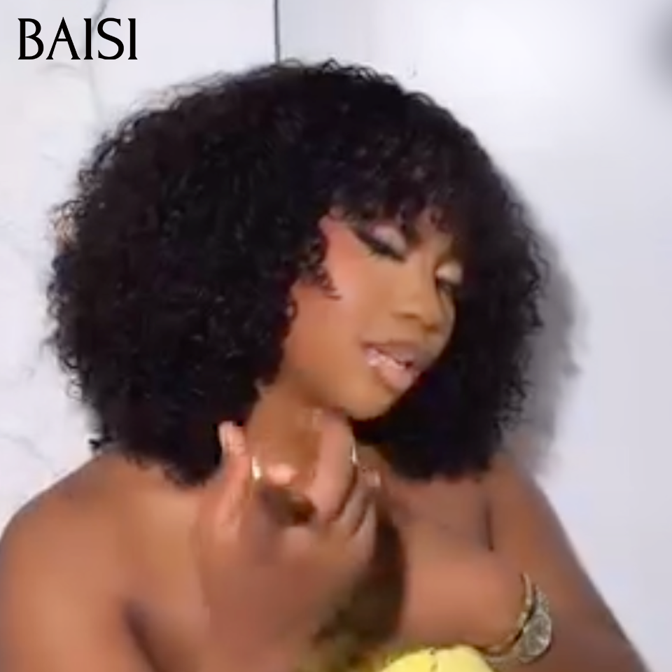 BAISI Perruque Sans Colle Sans Lace Bob Water Wave Bouclé Avec Frange Couleur Noir  Achetez 1 + 1 Gratuite = 89€ Seulement en 100% vrais cheveux humains Reçu 48H TVA 0€