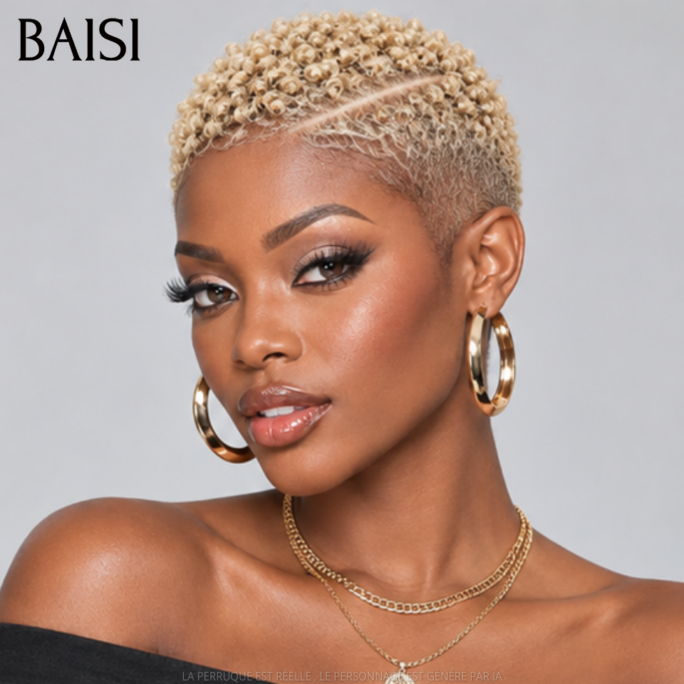BAISI PROMO MOITIE PRIX Full Lace Perruque Pixie Courte Bouclée Déjà Coiffée Toute Couleur A partir de 129€ En Toute Légèreté en 100% Cheveux humains MP50